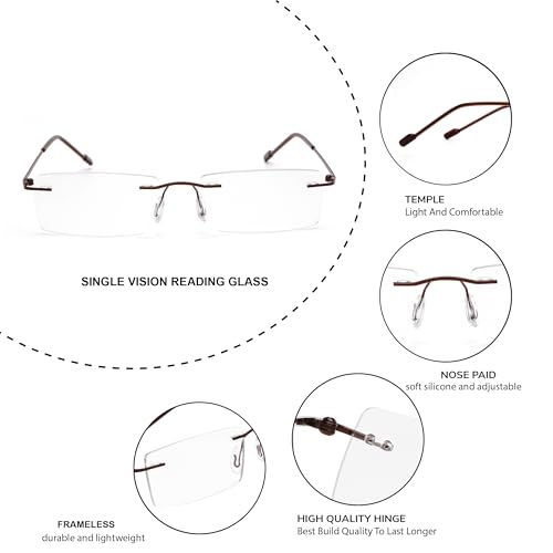 Image of Rimless Reading Glasses for Men & Women | Lightweight Frame with Scratch Resistant Single Vision Lens | Comfortable Soft Silicone nose pads | Suitable for All Face Types