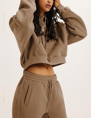 LTSCNRM Women's 2 Piece Airport Outfits Fleece Crop Hoodies Pullover Sweatshirt Sweatsuits Joggers Pants Pockets4