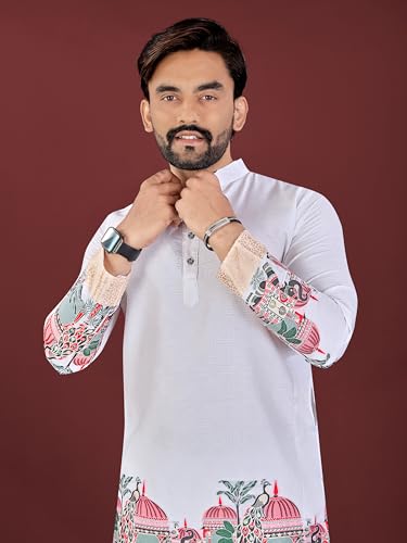 Image of Men's Cotton Silk Kurta with Jacquard Work Full Sleeves Floral Printed Side Slit and Mandarin Collar Neck | Kurta Pajama Set for Men Cotton Wedding | Short Kurta for Men