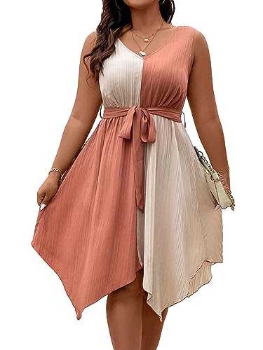 Image of SOLY HUX Women's Plus Size Color Block Dress V Neck Sleeveless A Line Asymmetrical Hem Belted Dresses