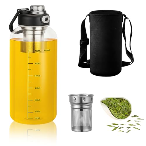 Gourde en verre de 1 l - Gourde robuste en verre borosilicate épais - Bouteille à thé pratique avec infuseur à thé pour les déplacements - Parfaite pour le thé chaud ou le thé froid - Facile à