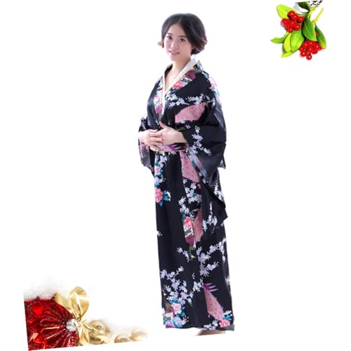 Kimono japonés de bata tradicional para mujer negro imitación seda portátil COLLBATH 6