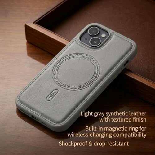 Image of amazon basics Premium PU Leather Case for iPhone 12, MagSafe Compatible Magnetic Ring, Sleek Protective Back Cover - [Gray]