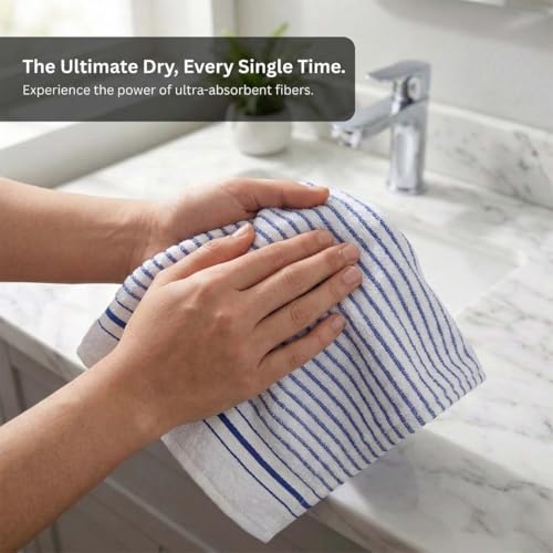 Image of Athom Living Premium Hand Towels- Cotton, 400 GSM, Ultra Soft, Quick Dry, Highly Absorbent | for Hand, Kitchen and Gym | 60 * 40 cm, Pack of 4 (White with Blue Stripes)