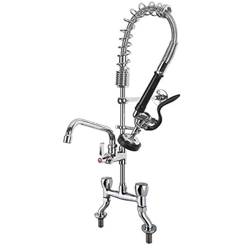 2 Hole Adjustable Bridge Sink Tap Commercial Kitchen Pre-Rinse Mixer Faucet with Swivel Spout and High Pressure Spray Gun Brass Body Chrome Plated,25 Inch High Taps Cover