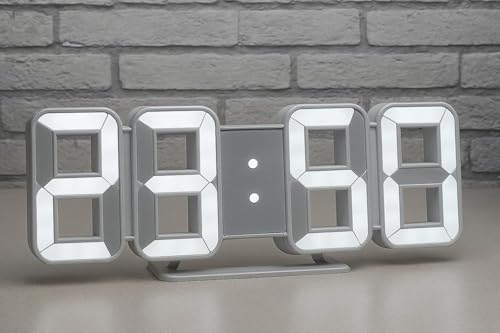 Image of 3D LED Digital Wall Clock with Three Alarm Sets, White, Desk Stand, Modern Style