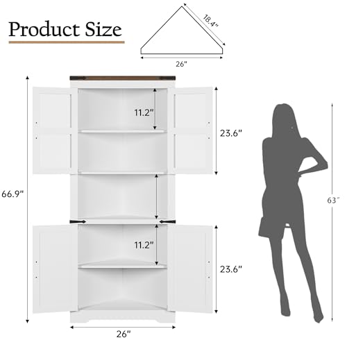 GAOMON Farmhouse Corner Cabinet, Tall Corner Storage with Glass Door & Adjustable Shelves, Bathroom Cabinet with Storage for Living Room, Kitchen, Bathroom, White