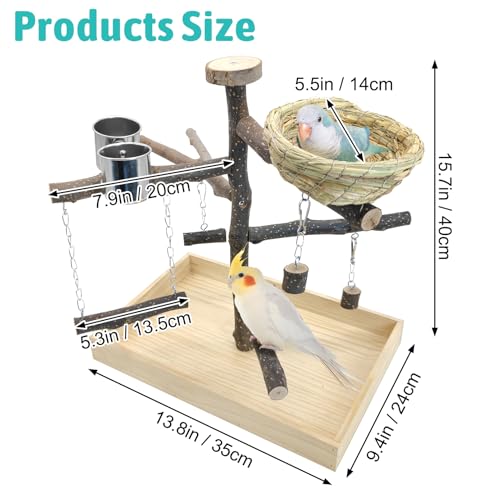 Apatal Bird Playground for Training & Playing Natural Wood Parrot Perch Stand Jungle Gym with Bird nest & Stainless Feeder Cups Parakeet Cage Playstand for Budgie Cockatiel Conure - Thumbnail 2