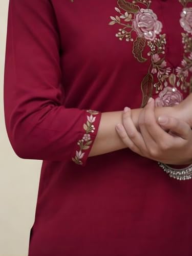 Image of Stylish Maroon Printed Anarkali Kurta and Pant Set for Women | Rayon Kurti with Chikankari Neckline & Chanderi Cotton Dupatta