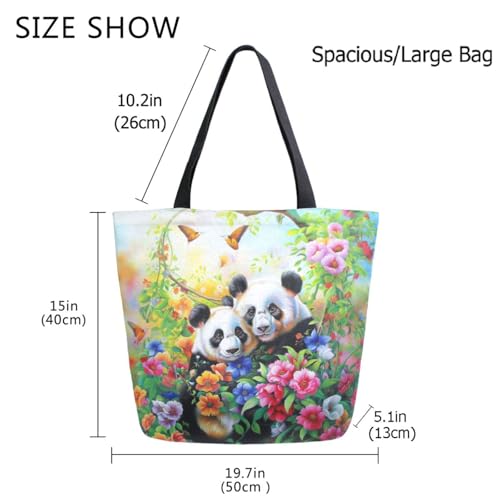 Extra Large Canvas Shoulder Tote Bag, Beautiful Flowers Sweet Panda Painting Durable Daily Womens Handle Bag for Gym Yoga Weekender Picnic Beach Travel Kitchen Reusable Market Grocery Shopping4