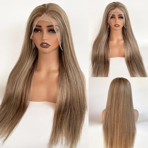 Image of Munx Highlight Brown 13x6 Lace Front Wigs Human Hair for White Women, Balayage Highlighted Lace Frontal Wig Bleached Knots Ash Blonde HD Transparent Wigs Pre Plucked 18 Inch 180% Density Full Ends