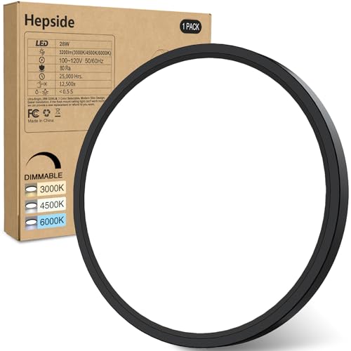 hepside 1PACK Flush Mount LED Ceiling Light Fixture Black, 12Inch 28W, Dimmable 3000K-4500K-6000K 3 Color Selectable Ceiling Lamp 3200LM Low Profile Ceiling Light for Kitchen Bedroom Hallway
