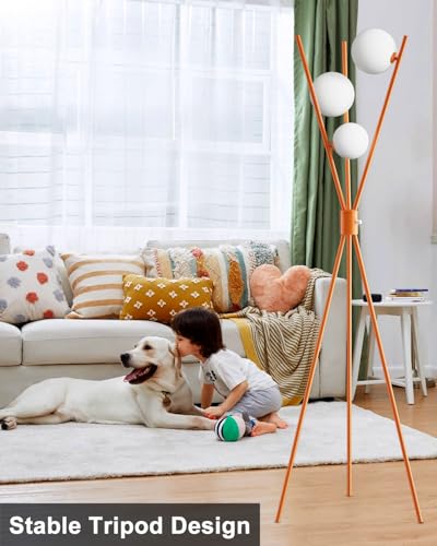 Image of 3 Globe Dimmable Tripod Floor Lamp, Mid Century Standing Lamps with 3Pcs 3000K Bulbs Included, Modern Tall Lamp for Living Room Bedroom Home Office Sofa Beside Corner Decor-Orange