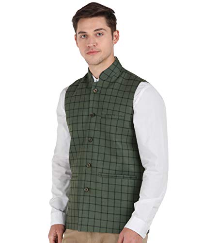 Image of Men's OLIVE GREEN & BLACK Checkered Bandhgala Ethnic Nehru Jacket Waistcoat