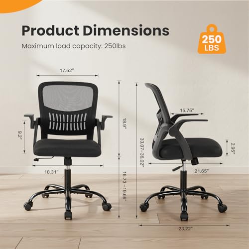 Image of Sweetcrispy Home Office Managerial Executive Chair, Flip Up Armrest Ergonomic Mesh Adjustable Swivel Mid-Back Computer Desk Chair with Comfortable Lumbar Support, Comfy Arms for Bedroom,Study
