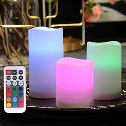 WRalwaysLX Velas de plástico sin llama para exteriores e interiores, velas parpadeantes LED que cambian de color con control remoto y temporizador, 3 unidades, utilizadas por 3 pilas AAA(coloridas)