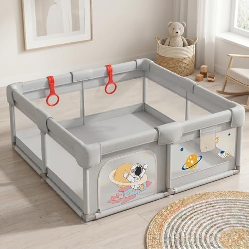 Image of StarAndDaisy Play Pen for Baby for 0-5 Years 120 x 120 cm Baby Play Area Indoor Setup with Safety Lock & Anti-Fall Grasp System | Breathable Play Pen for Kids Indoor - Grey
