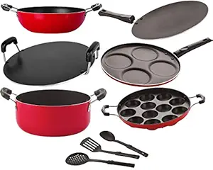 NIRLON Non Stick Coated Aluminium Cookware Utensil Combo Set Offer, Red, 9 - Piece [26_CT_KD12_APPAM_RT_Cass20_UP4_3SPN]