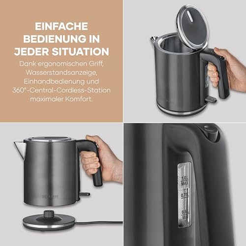 Severin Wasserkocher mit Fast-Boil-Power und Kalkfilter, 1 L Fassungsvermögen, Einhandbedienung, Teekocher mit 360° drehbaren Sockel… – Ansicht 4