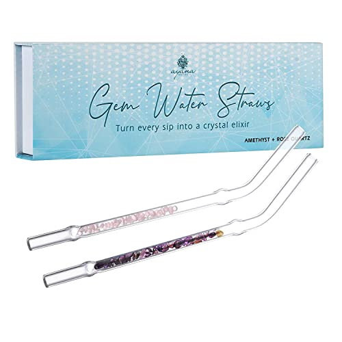 Ayana Wellness Gem Water Straws – Elevate Your Hydration with Healing Crystals & Stones – Set of 2 BPA-Free Straws with Rose Quartz and Amethyst Gemstones – Spiritual and Meditation Accessories