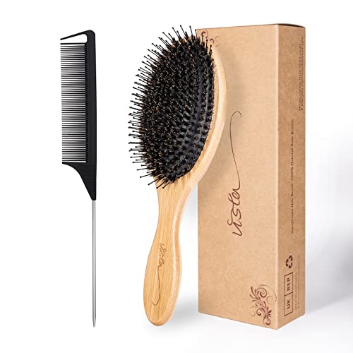 Feligio Brosse à Cheveux de Soies de Sanglier et Peigne à Queue Brosse Cheveux Bambou Homme et Femme Antistatique Confortable et Durable Massage Avec Coussinet Cover