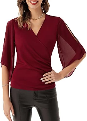 Women Burgundy Chiffon 3/4 Sleeve Blouse Shirt Tops V Neck Wrap Stretch Basic Fall Winter Flattring Casual Party Tops Wine M
