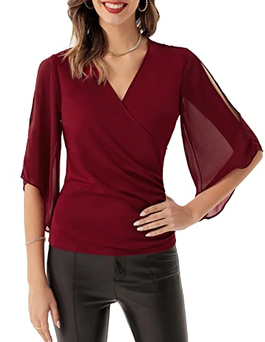 Women Burgundy Chiffon 3/4 Sleeve Blouse Shirt Tops V Neck Wrap Stretch Basic Fall Winter Flattring Casual Party Tops Wine M #TOP29