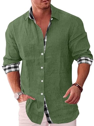Elainone Hombres Camisa de Manga Larga Lino Algodón Casual Suelta, Mens Long Sleeve Cotton Linen Shirts Loose Fit, Verde L