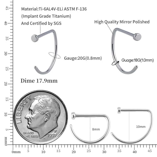 BLISI 6 PCS Titanium Fake Nose Ring Set 18G/20G D-Shaped Thin Nose Piercing Hoop Faux Septum Lip Tragus Cartilage Earrings for Women Men4