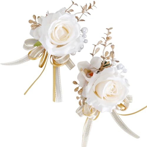 Fouriding Ensemble Fleurs Poignet Boutonnières Artificielles de Mariage,Corsage Artificiel pour Marié Homme Mariée Costume Promesse Evénement Cérémonie...
