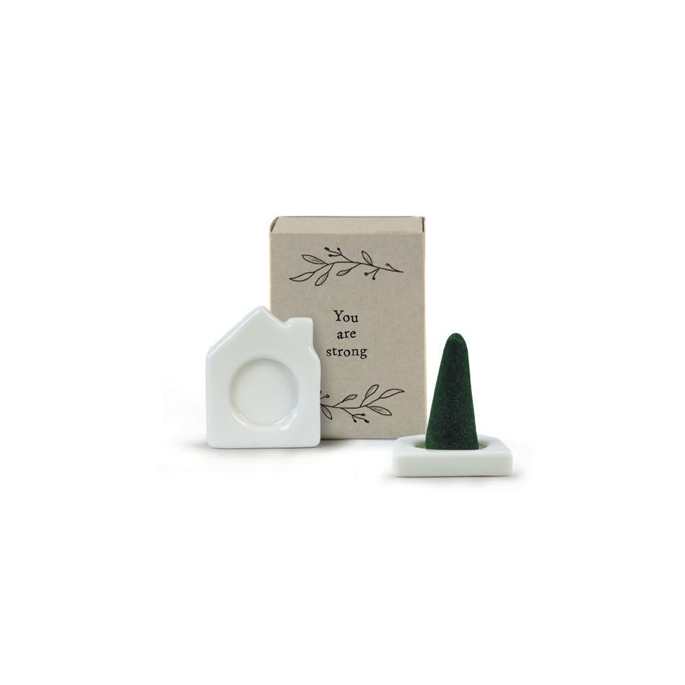 East of India Matchbox Incence Holder & Two Incence Cones Lime Basil & Mandarin Porcelain Inspirational Quote "You Are Strong" Aromatherapy 4.5 x 3.4 x 2cm