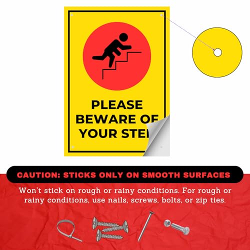 Image of BEWARE OF YOUR STEP Sign Board Sticker (20.5 x 14.5 CM) | Peel & Stick with 4 Pre-Made Holes | Waterproof Safety Warning Sign | Pack of 2 (BEWARE OF YOUR STEP, Medium -20.5 x 14.5 CM)