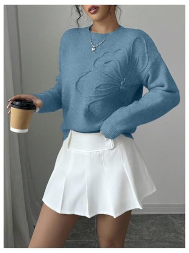 Image of RoseSeek Women's 3D Floral Appliques Crewneck Sweaters Long Sleeve Drop Shoulder Pullovers Elegant Knit Tops