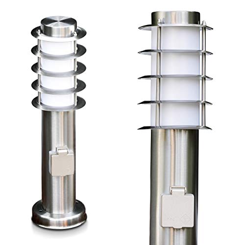 Lampada da sentiero Tunes con presa, piccola lampada da terra in acciaio inox con spina Schuko, ideale come luce da giardino, bel design, luce di base, E27, coperture di protezione, senza lampadina/e