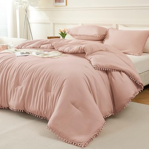 Image of Litanika Queen Size Comforter Set Pink,3 Pieces Blush Boho Pom Pom Lightweight Bed, All Season Soft Solid Color Bedding Sets for Girls (1 Comforter 90x90 Inch, 2 Pillowcases)