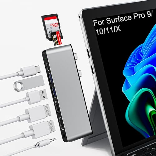 Surface Pro 9/10/11/X Docking Station with Dual 4K HDMI Thunderbolt 4 (100W PD 40Gbps Data 8K Display) USB-C Hub for Surface Pro 11/10/9/X Quad Display Adapter with 2 USB3.0 SD/TF 3.5mm Audio