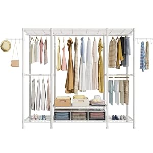 Ulif E3 Heavy Duty Garment Rack, 4 Tiers Freestanding Closet Organizer System with 5 Shelves, Metal Closet Organizer and Storage System for Clothes, Max Load 650lbs, 57.1"W x 14.5"D x 77.3"H, White Ulif E3 Heavy Duty Garment Rack 4 Tiers Freestanding Closet Organizer System with 5 Shelves Metal Closet Organizer and Storage System for Clothes Max Load 650lbs 571W x 145D x 773H White
