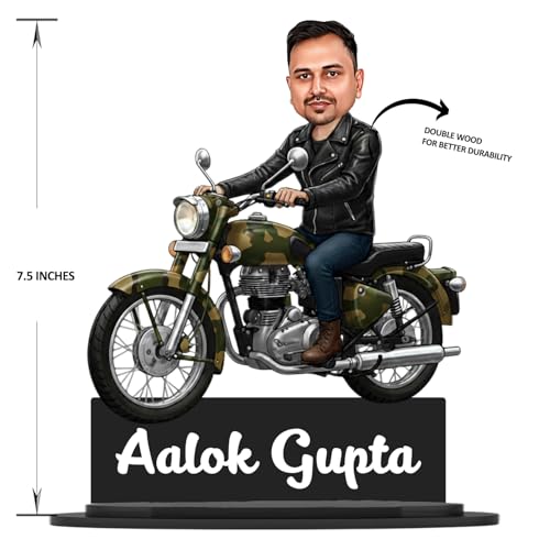 Image of Taxton Custom Bike Rider Caricature Personalized Wooden Bike Photo Frame for Men | 7.5 Inch Durable Double Wood Print with Acrylic Name Plate (Army)