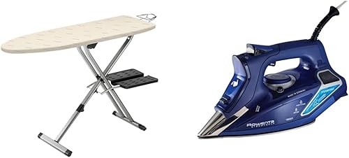 Rowenta IB9100 Pro - Tabla de planchar plegable compacta profesional que ahorra espacio de 4 patas con estantes para colgar y cubierta de algodón,