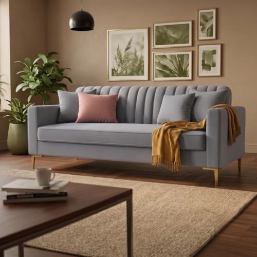 Image of Velum 3 Seater Sofa for Living Room & Office | Premium Fabric Upholstery | Solid Wood Frame | Comfortable Seating | 3 Years Warranty (Light Grey, 3 Seater Sofa)