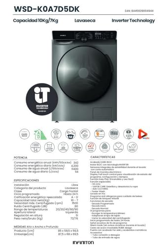 Lavaseca Carga Frontal INFINITON WSD-K0A7D5DK, 10 kg Lavado, 7 kg Secado, 14 Programas, 1500 RPM, 80 dB, Inicio Diferido, A/D, Dark Inox - imagen 10