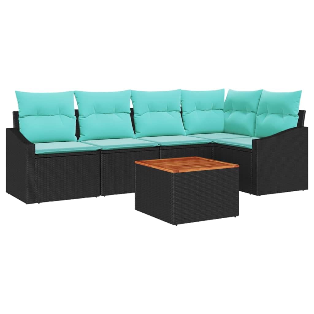 Ensemble de Canapé de Jardin 6 Pièces en Résine Tressée Noire, Salon de Jardin Modulable avec Table en Bois d'Acacia et Coussins Confortables pour Terrasse et Patio, 5 Places