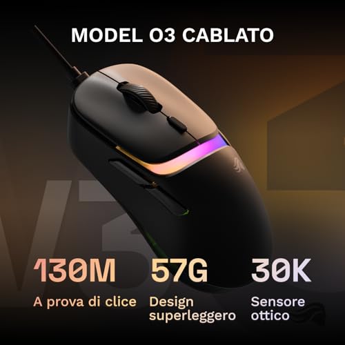 Gaming - Model D3 mouse da gaming cablato: ultraleggero (57 g), switch ottici da 130M di clic, sensore BAMF 3.0 30K DPI, tracciamento 750 IPS, accelerazione 50 G, per ogni impugnatura - Nero - Mouse gaming - Immagine 1