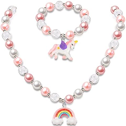 Yaomiao Mädchen Regenbogen Halskette Einhorn Armband Set, 2 Stücke Bunte Kristall Perlen Halskette Einhorn Charm Armband Cover