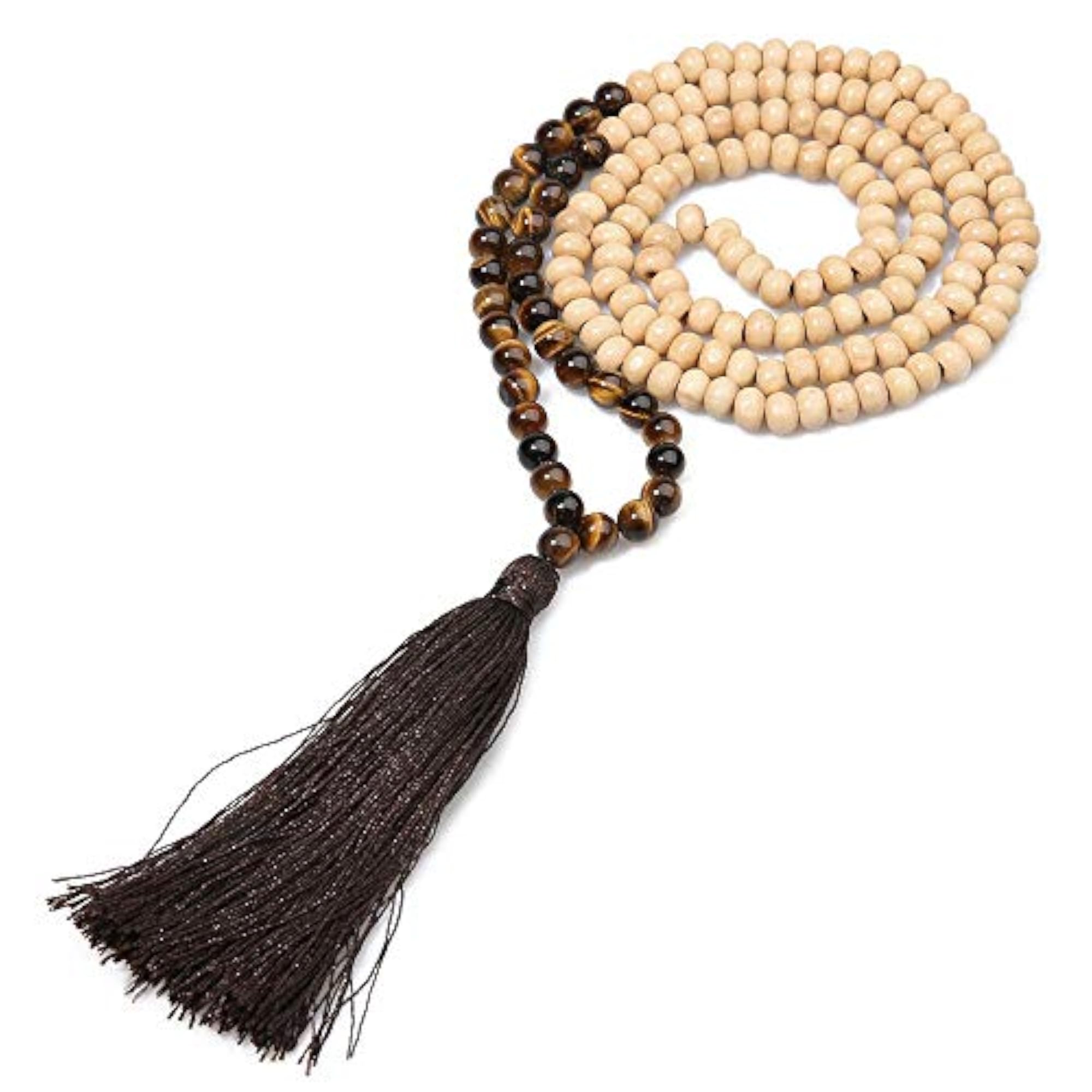 8MM Semi-Precious Gem Stone Wood Mala Bead Necklace