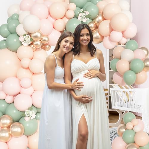Image of Ouddy Life 157 Pcs Dusty Pink Green Balloons Arch Kit, Sand White Champagne Gold Apricot Balloon for Gender Reveal Baby Shower Birthday Tea Party Fairy Girl Wedding Jungle Safari Woodland Decorations