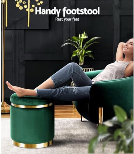 Image of ETIQUETTE ART Upholstered Velvet Round Dual Strip Ottoman Office Stool Foot Rest Stool Linen Fabric Padded Seat Pouf Ottoman with Round Shape for Living Room (Green)