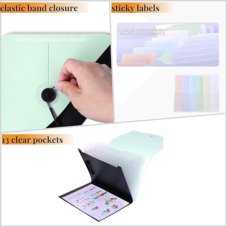 Image of 13 Pocket Expanding File Folder,Portfolio Accordion File Organizer with Interior Pocket and Clip,A4 Letter Size, Paper Document Receipt Folder for Student, Home, Office and Travel (Green)
