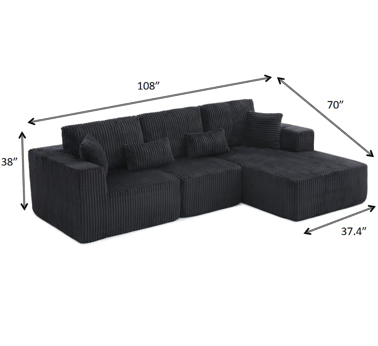 Image of 108 inch Boneless Cloud Sectional Couches for Living Room, Comfy Fluffy L Shaped Memory Foam Deep Seat Boneless Couch, Modular Sectional Sofa with Right Facing Chaise, Dark Black
