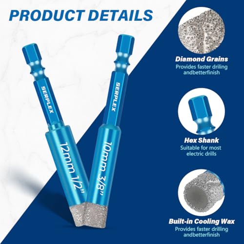 Image of Serplex 5Pcs Diamond Drill Bit 6-12mm Diamond-Coated Core Bits with 8mm Twist Drill, 1 /4 Inch Hex Shank, 5 /16 inch 1 /4 inch 3 /8 inch 1 /2 inch Dry Tile Drill Bit Set for Porcelain Tile Ceramic Stone Granite Marble